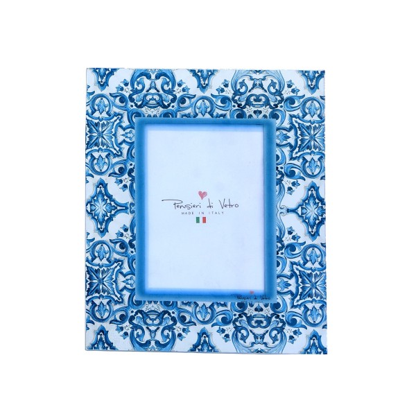 Portafoto in Vetrofusione con Schienale in Legno Decoro Blue Mediterraneo Made in Italy 18x21 cm